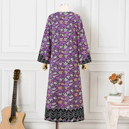 Bohemian Party Dress Elegant Women Printing Sundress Vintage Flare Long Sleeve Maxi Vestidos Oversized O-Neck Robe Femme