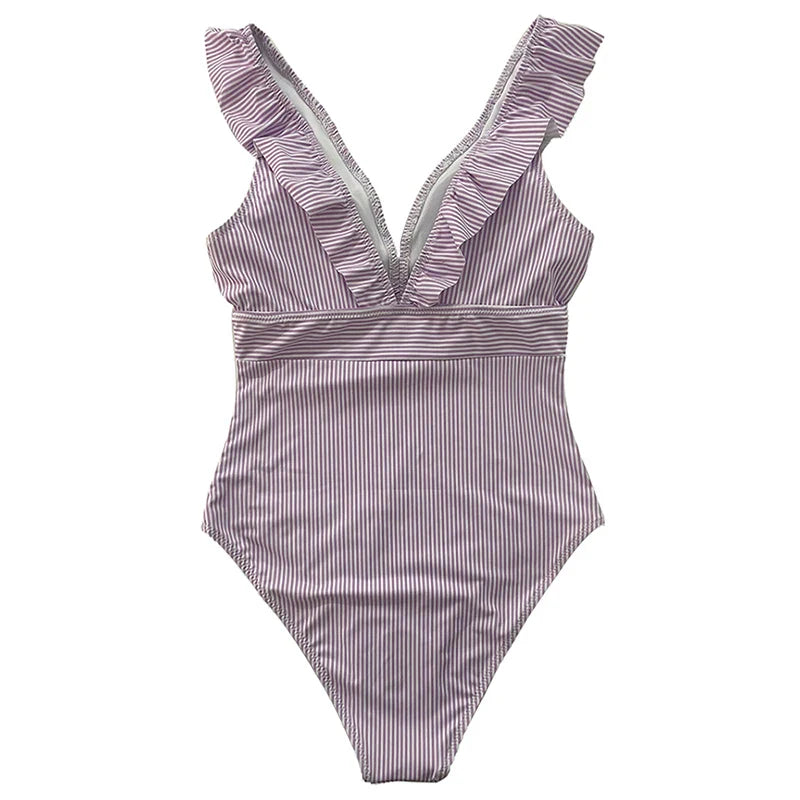 Sexy One Piece Swimsuit 2023 Women Striped Ruffled Swimwear Women Vintage Print Monokini Female Bodysuit Girl Beach Bathing Suit