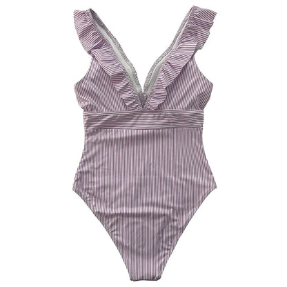Sexy One Piece Swimsuit 2023 Women Striped Ruffled Swimwear Women Vintage Print Monokini Female Bodysuit Girl Beach Bathing Suit