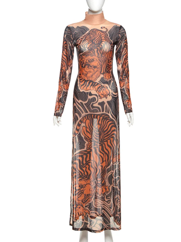 See Through T-Shirts Women Tiger Print Long Sleeve High Neck High Slits High Elastic Skinny Trend Street Hipster Tops
