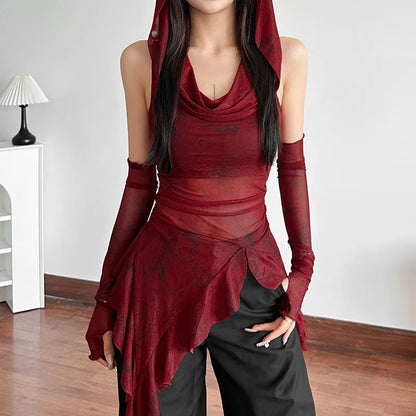 Streetwear 90s Grunge Mesh See Through Hooded Tops Cyber Y2K Irregular Hem Ruffles Hoodie Women Slim Blouse with Cuffs