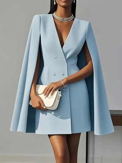 Women Fashion Commuter Solid Blazers Dress Office Double Breasted Waist Party Dress Elegant V-neck Shawl Cape Sleeve Midi Dress