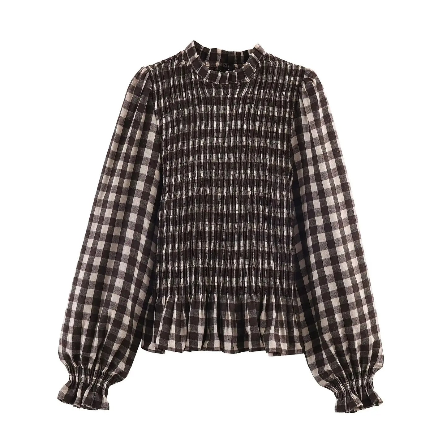 2025 Vintage Chic Brown Plaid Shirts Women Long Sleeve Blouses Fold Fashion Casual Elegant Women Tops Y2k