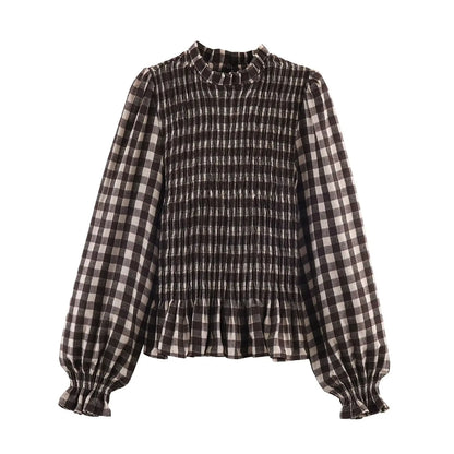2025 Vintage Chic Brown Plaid Shirts Women Long Sleeve Blouses Fold Fashion Casual Elegant Women Tops Y2k