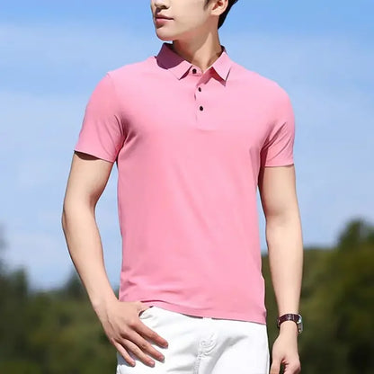 Summer Ice Silk Polo Shirt High-End T-Shirt Solid Color New Half Sleeve Non-Marking Casual Lapels Business Thin Menswear 2025