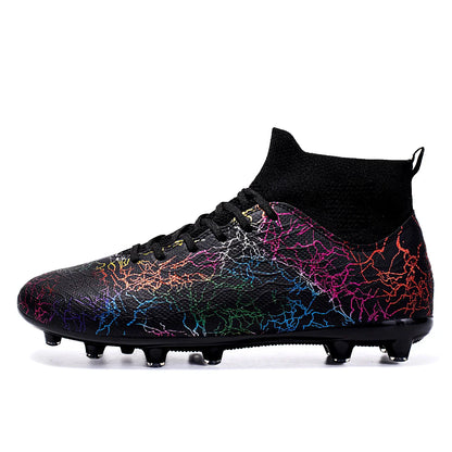 High quality, high-top football shoes, unisex style, comfortable, breathable, available in TF and FG options.  Sole spikes