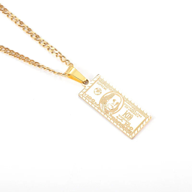 Stainless Steel 100 Dollar Bill Pendant Necklace for Men Women Fashion Lucky Wealth Jewelry Exquisite Gift