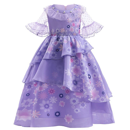 Kids Isabela Dress Children Summer Floral Swing Flared Costume Girl Encanto Cosplay Outfit Madrigal Halloween Clothes 3-12Y