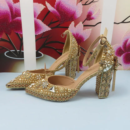 Luxury Champagne Golden Crystal wedding shoes matching bags woman fashion Thick heel Women party dress shoes Pointed Toe shoes