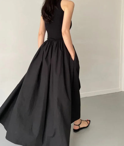 Simple Elegant Black Long Dresses For Women Round Neck Sleeveless High Waist Temperament Female Fashion Style Dress