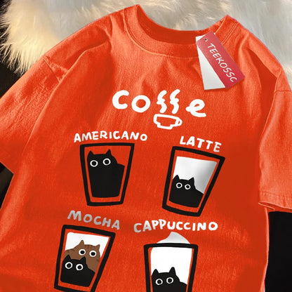 Fun Coffee Cat Japanese Style Men Women T-Shirts Oversize Tshirt Breathable Loose Short Sleeve Tee Clothes Cotton Streetwear