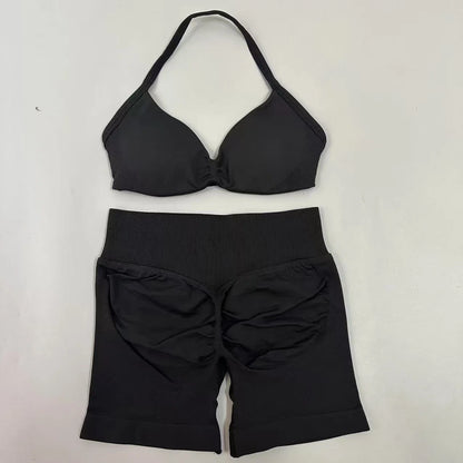 Impact Womens 2 Piece Yoga Set Strappy Seamless Sports Bra and High Waist Scrunch Shorts for Gym Workout and Fitness Training