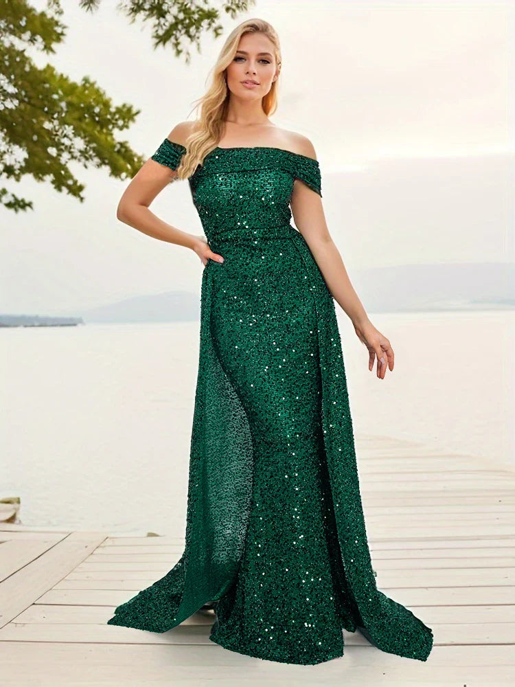 Navy Blue Slash Neck Off Shoulder Prom Gown Sequin Detachable Train Mermaid Evening Party Dresses Cocktail Dress 2025