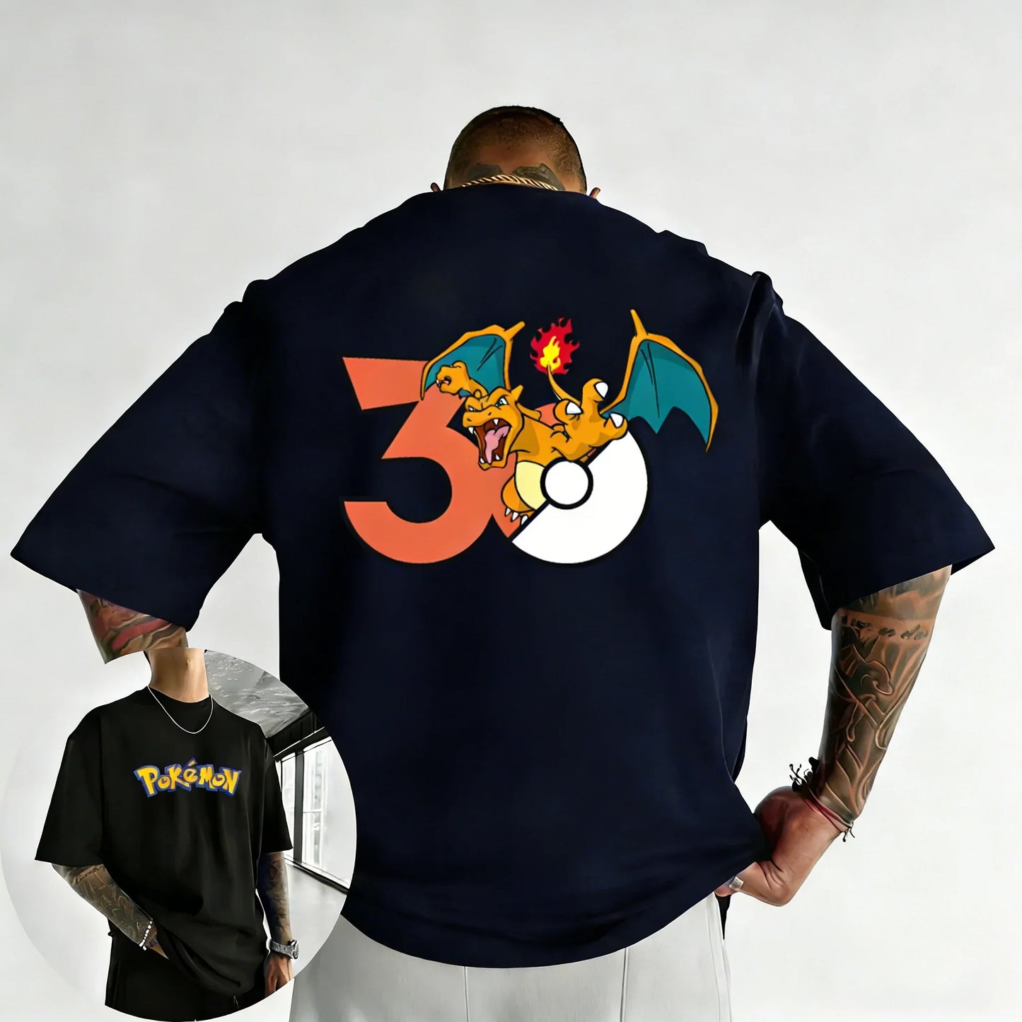 30th Anniversary Charizard Printed T-shirt Summer Men's and Women's Loose Casual Hip Hop Trendy Short Sleeve Top