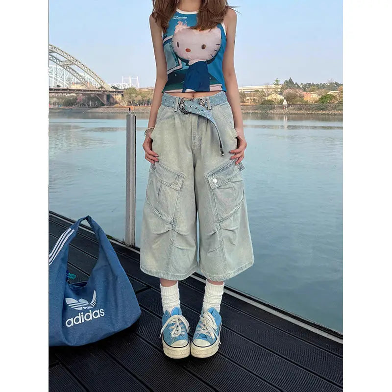 Y2k Vintage Harajuku Denim Shorts Women Washed Letter Embroidery Tassels American Retro Jeans Man Baggy Hip Hop Jorts