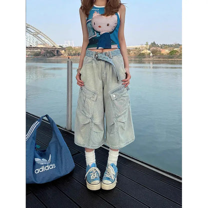 Y2k Vintage Harajuku Denim Shorts Women Washed Letter Embroidery Tassels American Retro Jeans Man Baggy Hip Hop Jorts