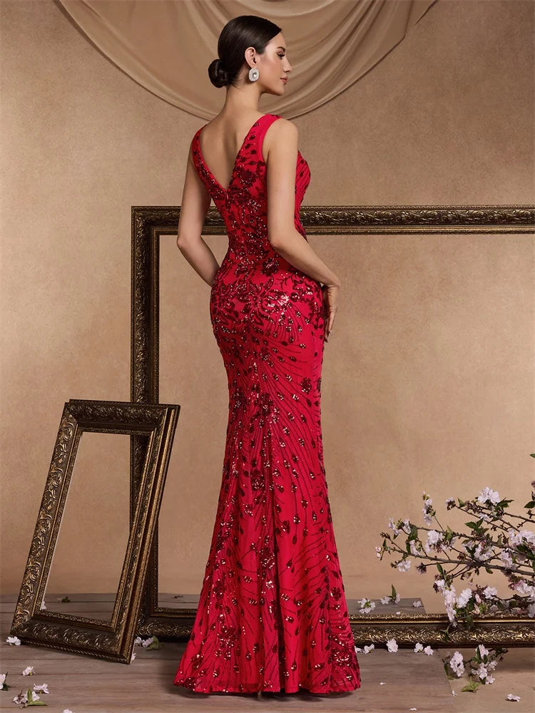 Elegant Slit Evening Dresses Women Long Mermaid Formal Sequins Sexy V-neck Caicktail Wedding Party Prom Gowns
