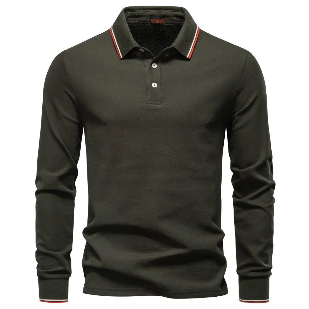 Men's Henley Neck Polo Shirt Cotton Solid Color Long Sleeve Autumn Winter Premium Luxury Mens Top