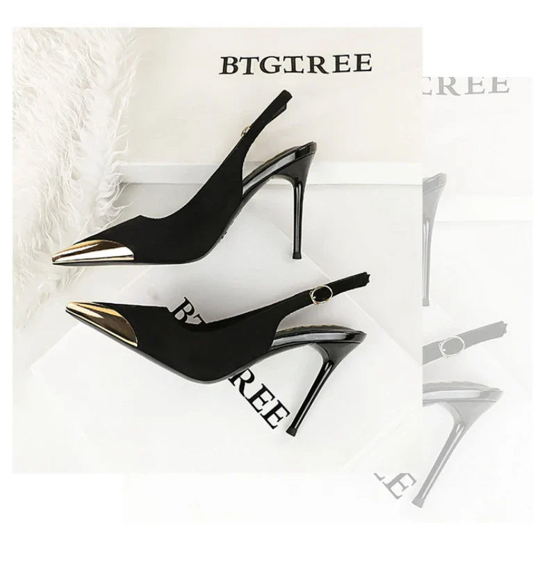 European American Style Metal Pointed High Heels Slim Heels Super High Heels Light Mouth Back Tripping And Banquet Single Shoes