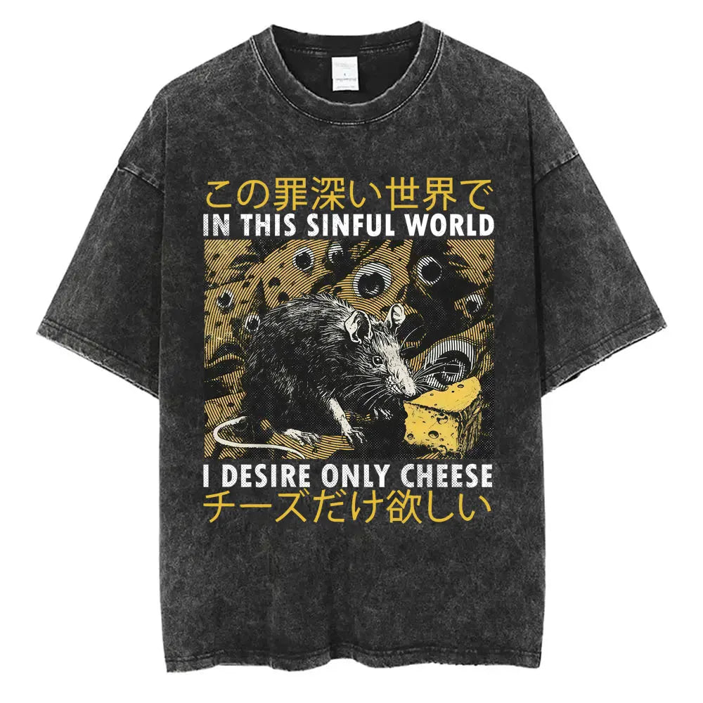 I Do Not Think Therefore I Do Not Am T-shirt Funny Japanese Style Opossum Vintage Washed T Shirt Unisex Fashion Humor T-shirts