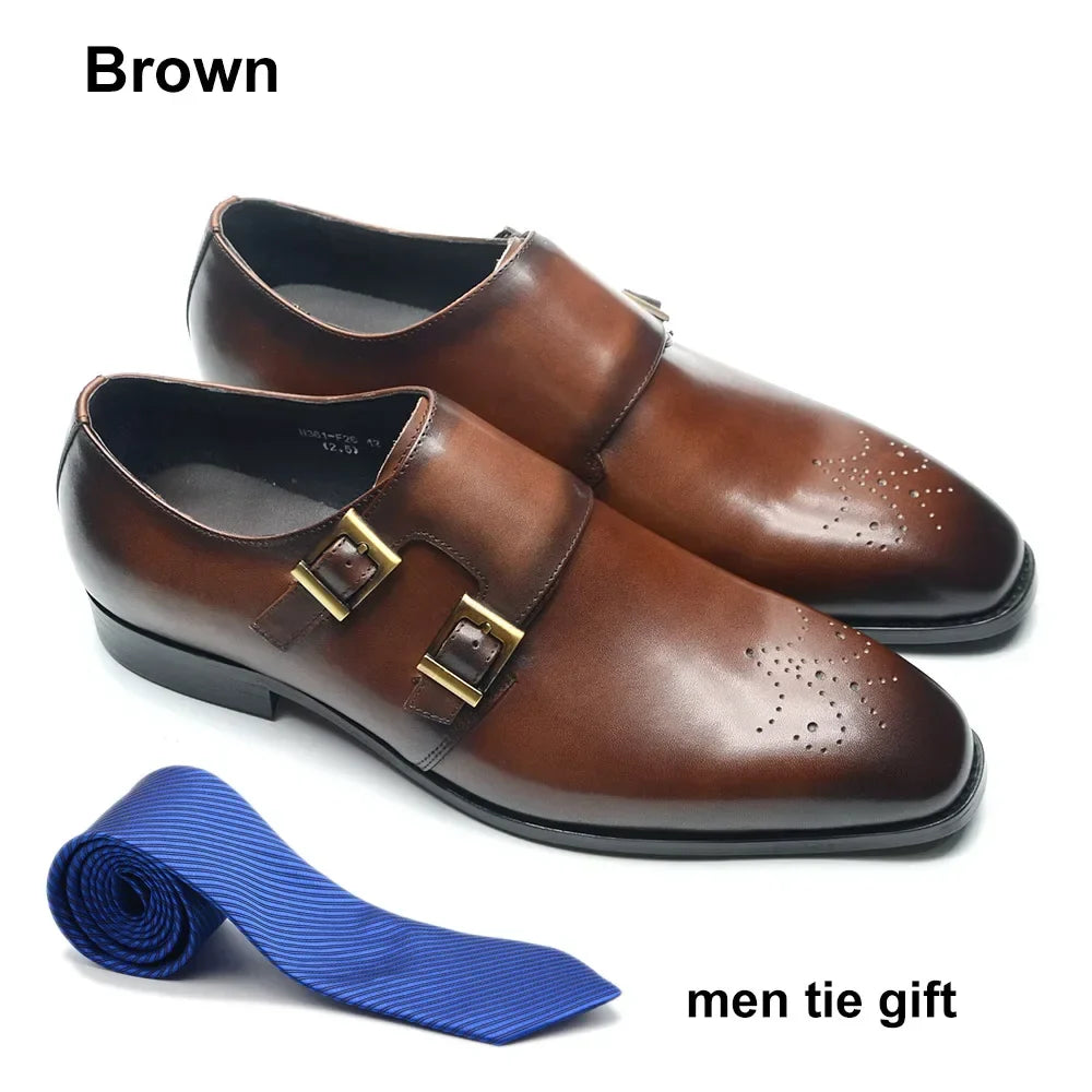 Italian Style Luxury Genuine Leather Monk Strap Men's Formal Shoes Double Buckles Brogue Pointy Toe Business Office Dress Shoes