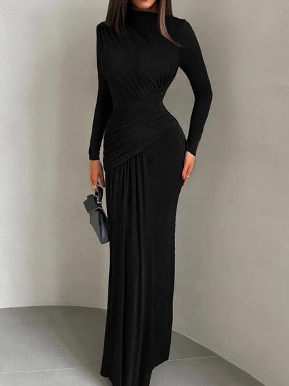 Maxi Dress Women o-Neck Full Sleeve Solid Banquet Elegant Vacation Fashion Autumn Skinny Casual Simple Vestido