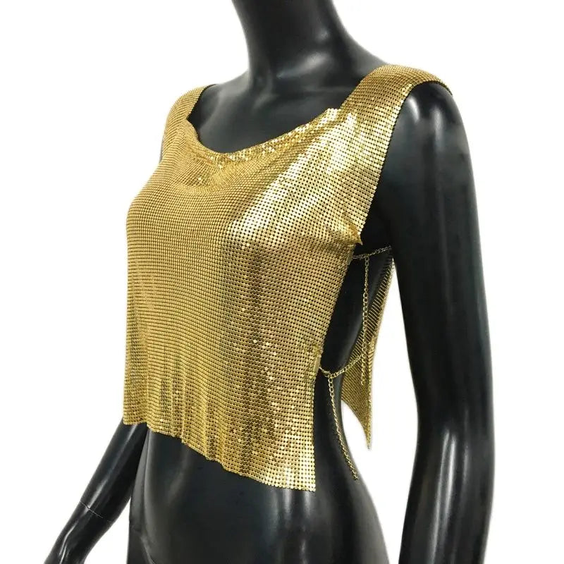 Women Metal Sequins Crop Tops Sexy Hollow Out Sleeveless Backless Y2k Tank Tops Nightclub Party Rave Festival Camisole 2023 New