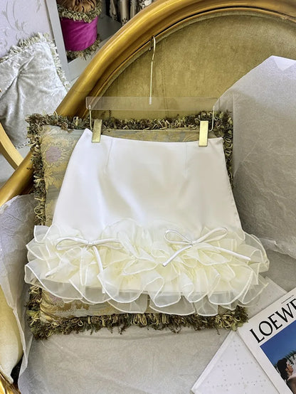 Females Summer Sweet Ruffle Edge Short Skirts French Style A-Line Party Stage Fashion Lace Shirring Above Knee Mini Skirt