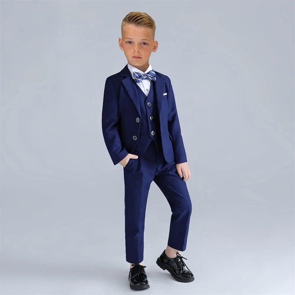 Fast Ship New Year Celebration Deep Navy Boys Suit Classic Sleek Boys Suit Formal Three Piece Kids Tuxedo Set Blazer Vest Pants