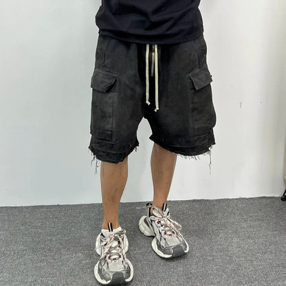 Gothic street jeans with multiple pockets men's shorts wide-legged loose nine-quarter pants knee-length pants loose casual pants
