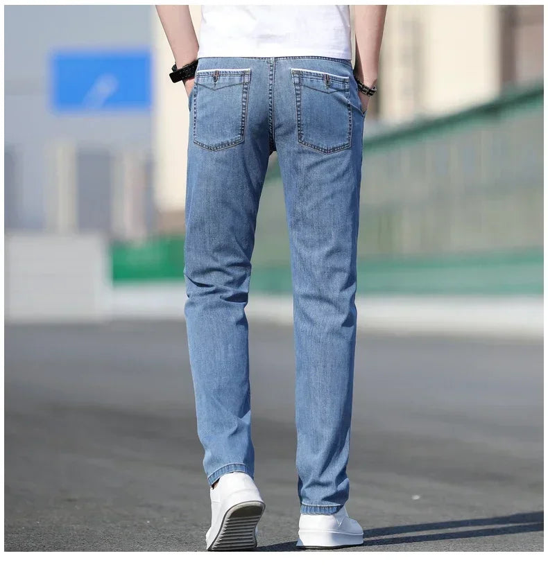 Summer New Men's Loose Stretch Gray Jeans Fashion Casual Stretch Straight-leg Denim Pants Male Light Blue Brand