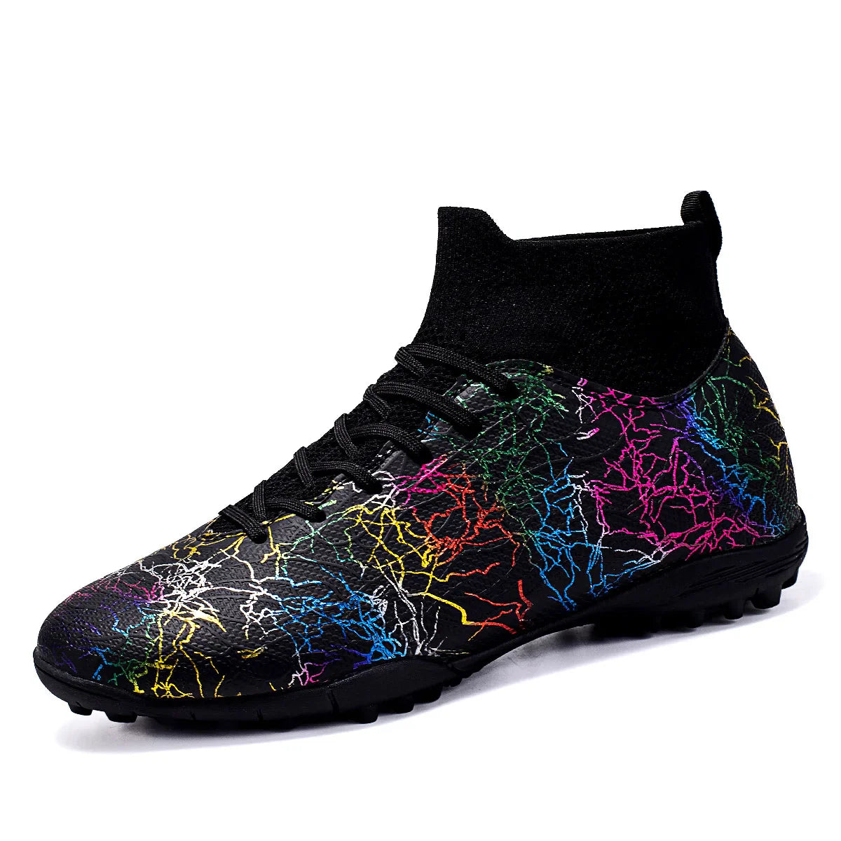 High quality, high-top football shoes, unisex style, comfortable, breathable, available in TF and FG options.  Sole spikes