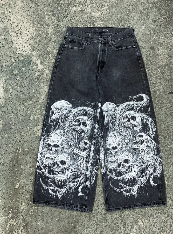 High Street Cool Personality American Style Denim Trousers Niche Fashion Baggy Washed Distressed Wide-leg Straight Jeans