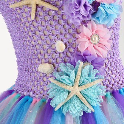 1-12 anos Vestido Tutu de Sereia Fofo com Apliques de Estrela-do-mar Coral, Vestido de Princesa Elegante Ombro a Ombro, Vestido Bufante para Festa de Aniversário de Criança