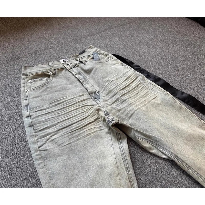 Rick Lavagem Azul Bolso com Zíper Calça Jeans Slim Fit Calças Jeans Algodão Denim Conforto Casual Tamanho P M G GG #B4
