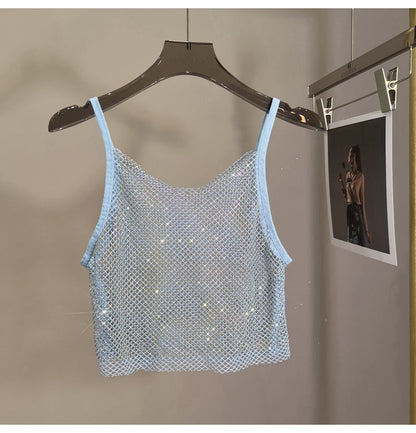 Summer New Mesh Diamond Crystal Short Halter Top AB Color Diamond Sexy Inner Shining Waistless Tops