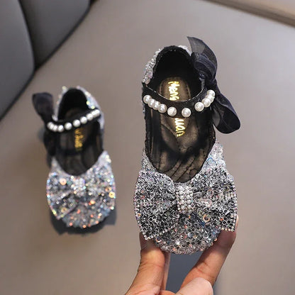 Toddler Girl's Princess Shoes Sequins Lace Bowknot 21-36 Children Mary Janes Three Colors Luxury Trendy Party Kids Shoes Flats