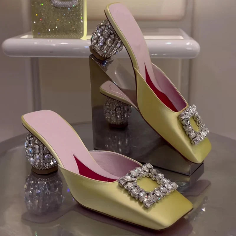 Summer Rhinestone Pumps Women Square Toe Mules Female Crystal High Heels Women Shoes Femmes Chaussures sandalias de las mujeres