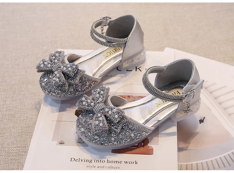 Kid's Sandals high Heels Pumps Rhinestone Bow Silver Party Breathable Shoes For Girl PU Leather Footwear for Kids Size 26-36
