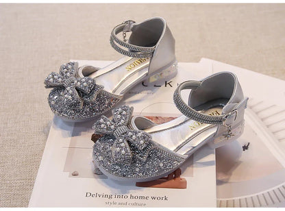 Kid's Sandals high Heels Pumps Rhinestone Bow Silver Party Breathable Shoes For Girl PU Leather Footwear for Kids Size 26-36
