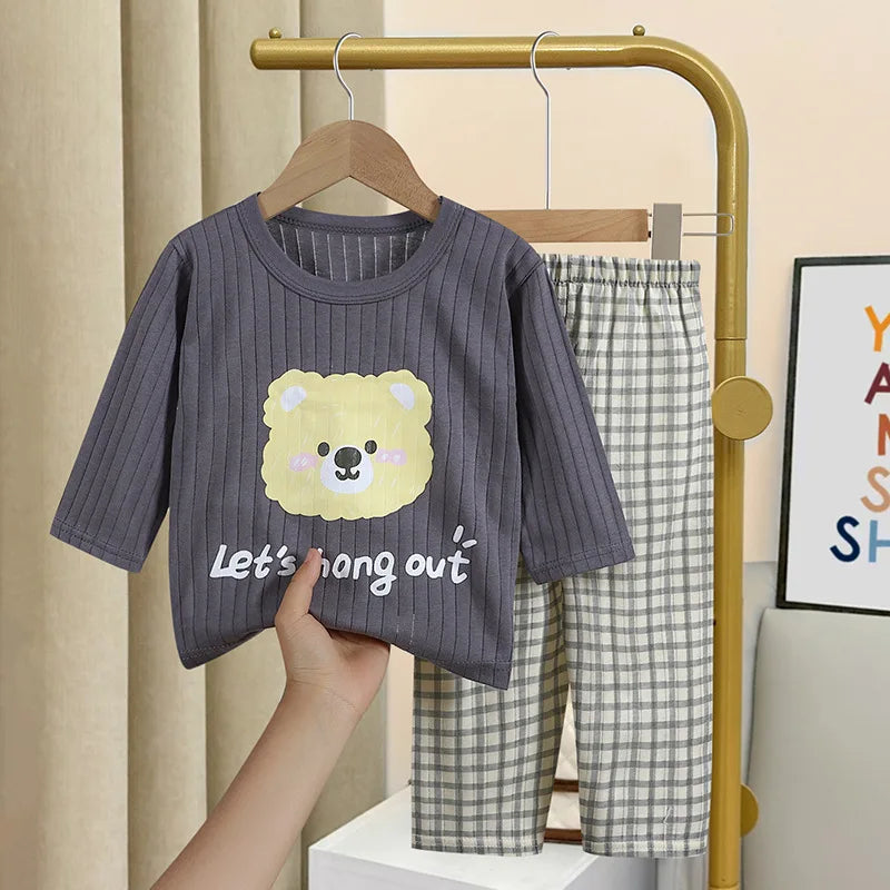 Cartoon Bear Print Tops+Trouser Fashion Home Clothing Boys And Girls Spring Summer 2024 New Sleepwear 2pcs Toddler Thin Suits