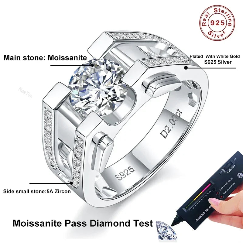 1ct 2ct Moissanite Ring For Men 925 Sterling Silver with White Gold Plated Wedding Band Man Rings Luxury Fine Jewelry