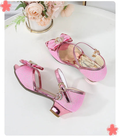 Girls Princess Sandals Summer Open-toe Elegant Children High Heels Fashion Sequins Crown Kids Causal Glitter Wedding Dress Shoes