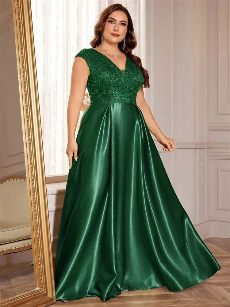 Plus Size Luxury V-Neck Sequins Embroidery with Pocket  Evening Dresses Elegant Women Wedding Party A-line Cocktail  Gowns Event