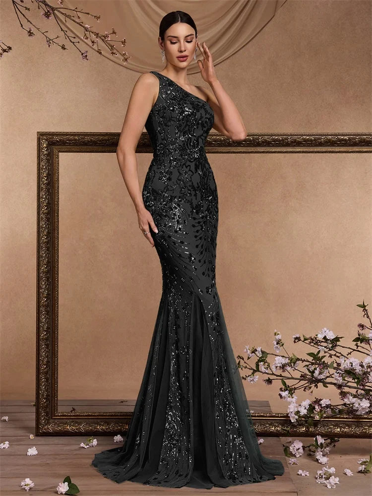 Luxury Skew-shouldered Applique Sequins Formal Evening Dresses Elegant Mermaid Maxi Sleeveless Party Cocktail Prom