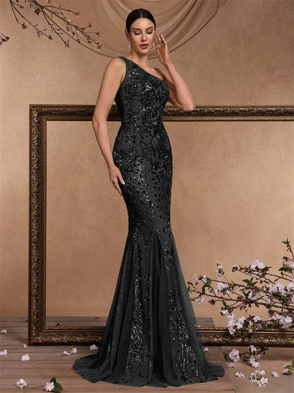 Luxury Skew-shouldered Applique Sequins Formal Evening Dresses Elegant Mermaid Maxi Sleeveless Party Cocktail Prom