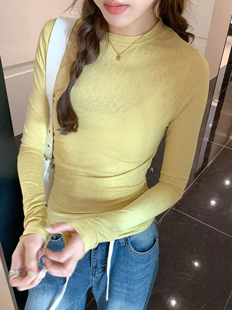 2024 Spring Autumn T shirt Women Tops Solid Slim Fit Long Sleeve O Neck Tshirts Female Casual Streetwear High Quality Base Tees