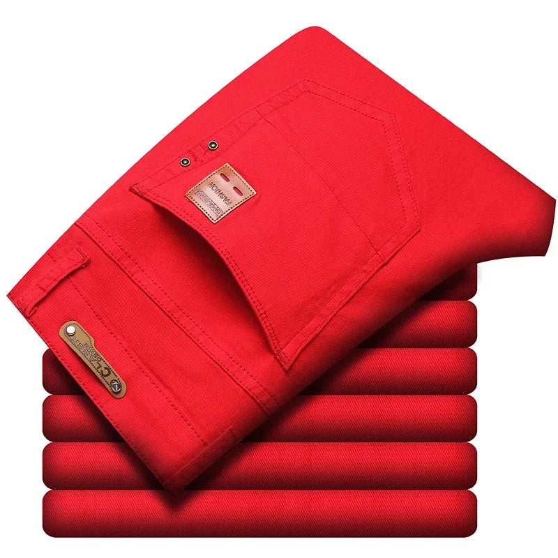 2024 Autumn New Men's Bright Stretch Fit Jeans Trendy Denim Straight-leg Trousers Male Red Lake Blue Yellow Trousers
