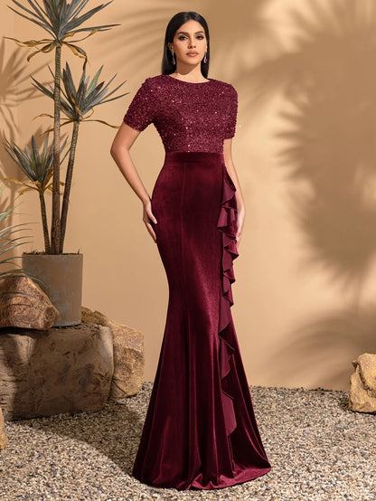 Round neck short sleeve sequined velvet ruffled decorative hip dress