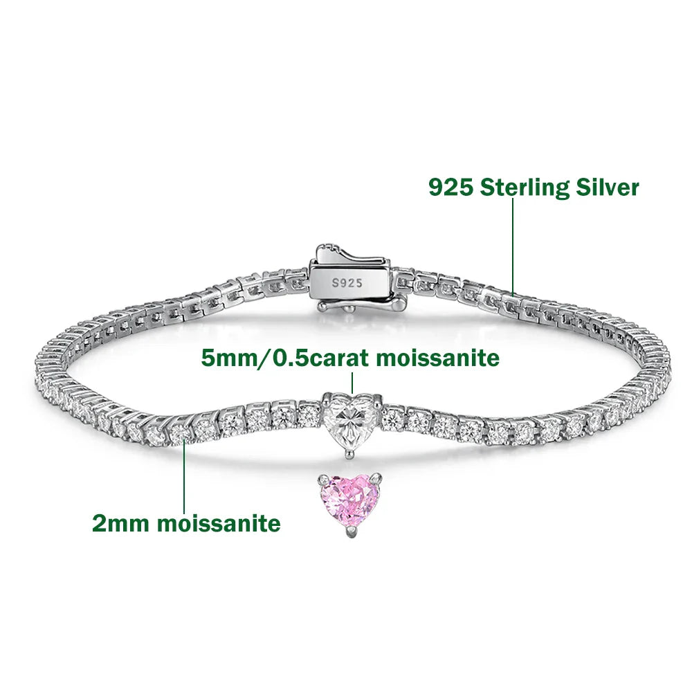 2mm Round Moissanite Tennis Bracelets with 5mm Pink White Heart Cut Diamond Bracelet for Women Men 925 Sterling Silver Bangle